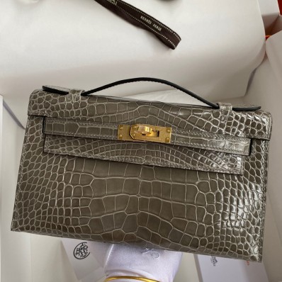 AAAAA Hermes Kelly Pochette Handmade Bag In Taupe Shiny Alligator Leather HD1210aM93