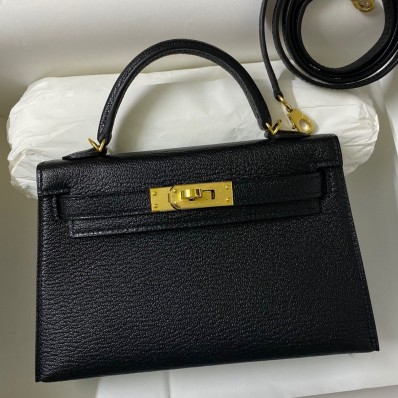 Hermes Kelly Mini II Sellier Handmade Bag In Black Chevre Mysore Leather HD1096aM39