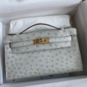 AAA Hermes Kelly Pochette Handmade Bag In Pearl Grey Ostrich Leather HD1200Wl50