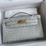 AAA Hermes Kelly Pochette Handmade Bag In Pearl Grey Ostrich Leather HD1200Wl50