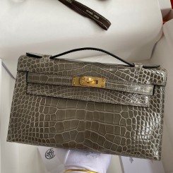 AAAAA Hermes Kelly Pochette Handmade Bag In Taupe Shiny Alligator Leather HD1210aM93