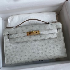 AAA Hermes Kelly Pochette Handmade Bag In Pearl Grey Ostrich Leather HD1200Wl50