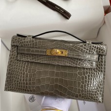 AAAAA Hermes Kelly Pochette Handmade Bag In Taupe Shiny Alligator Leather HD1210aM93
