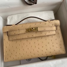 AAAAA Knockoff Hermes Kelly Pochette Handmade Bag In Chai Ostrich Leather HD1182gk48